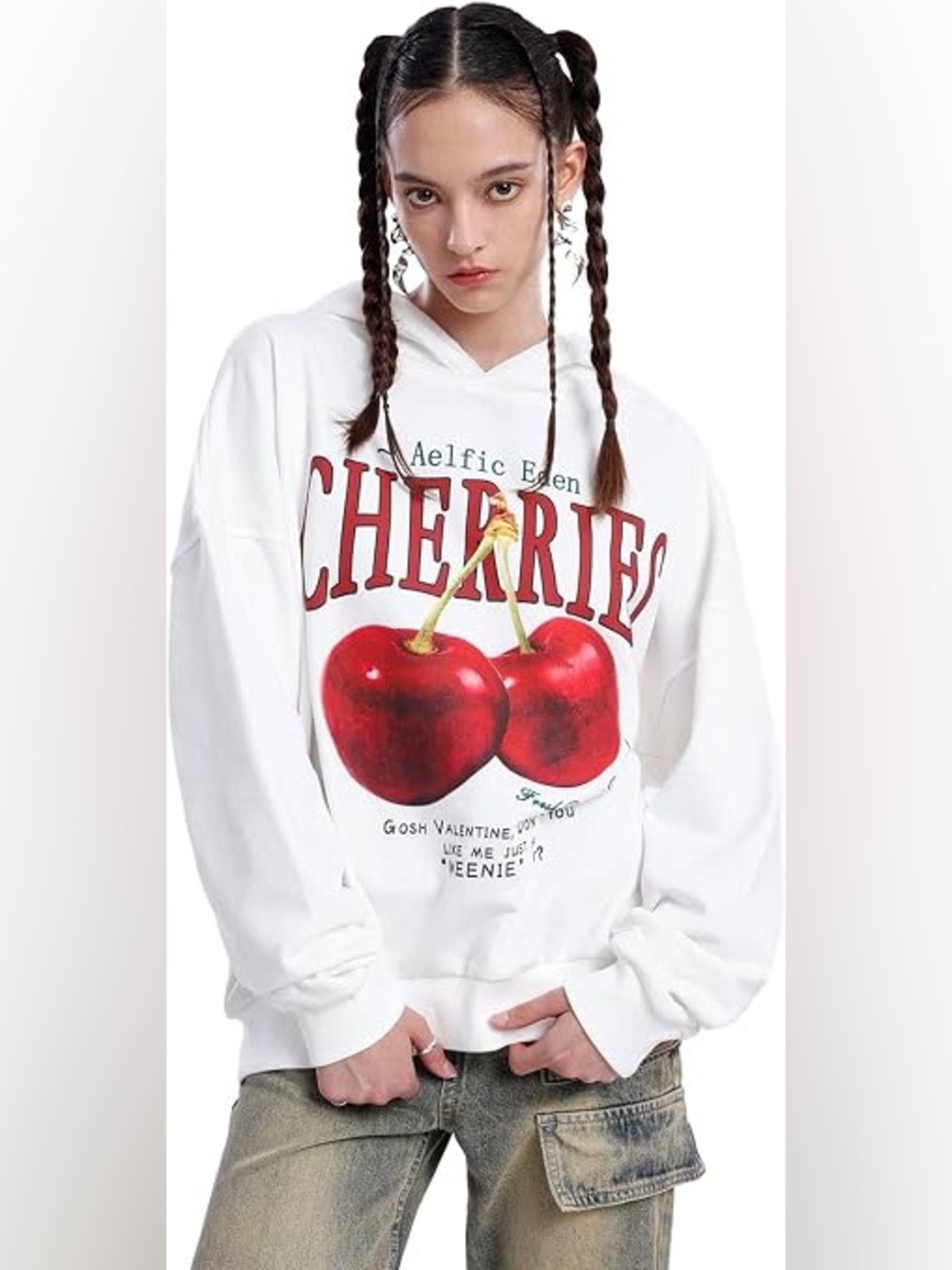 Aelfric Eden Cherry Graphic Hoodie White NWT Streetwear Y2K Oversized